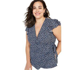 Old Navy Wrap Top Womens Plus XXL Blue Ditsy Floral Flutter Sleeve Side Tie